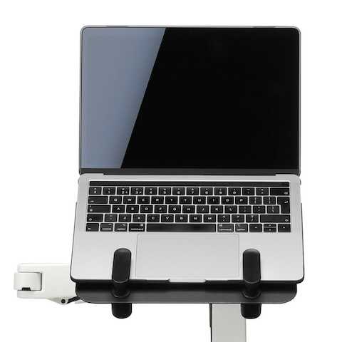 A laptop supported by an optional Ollin Laptop and Tablet Mount.