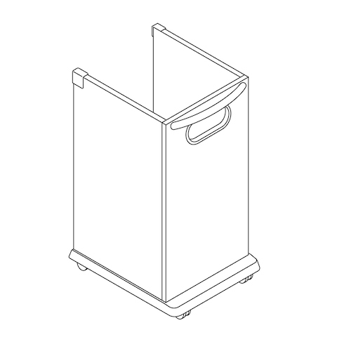A line drawing of a Mora System trash cart.