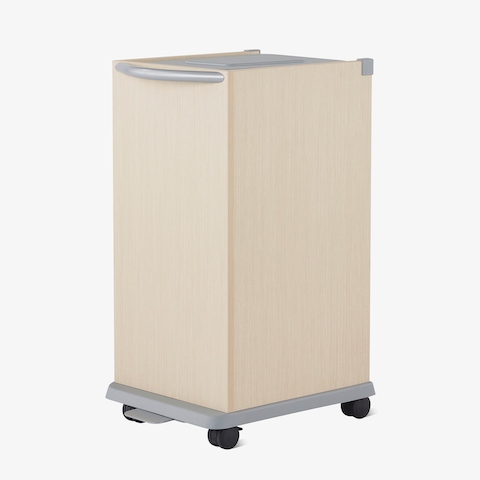 Three-quarter, front view of a Mora casework linen cart in a light ash finish.