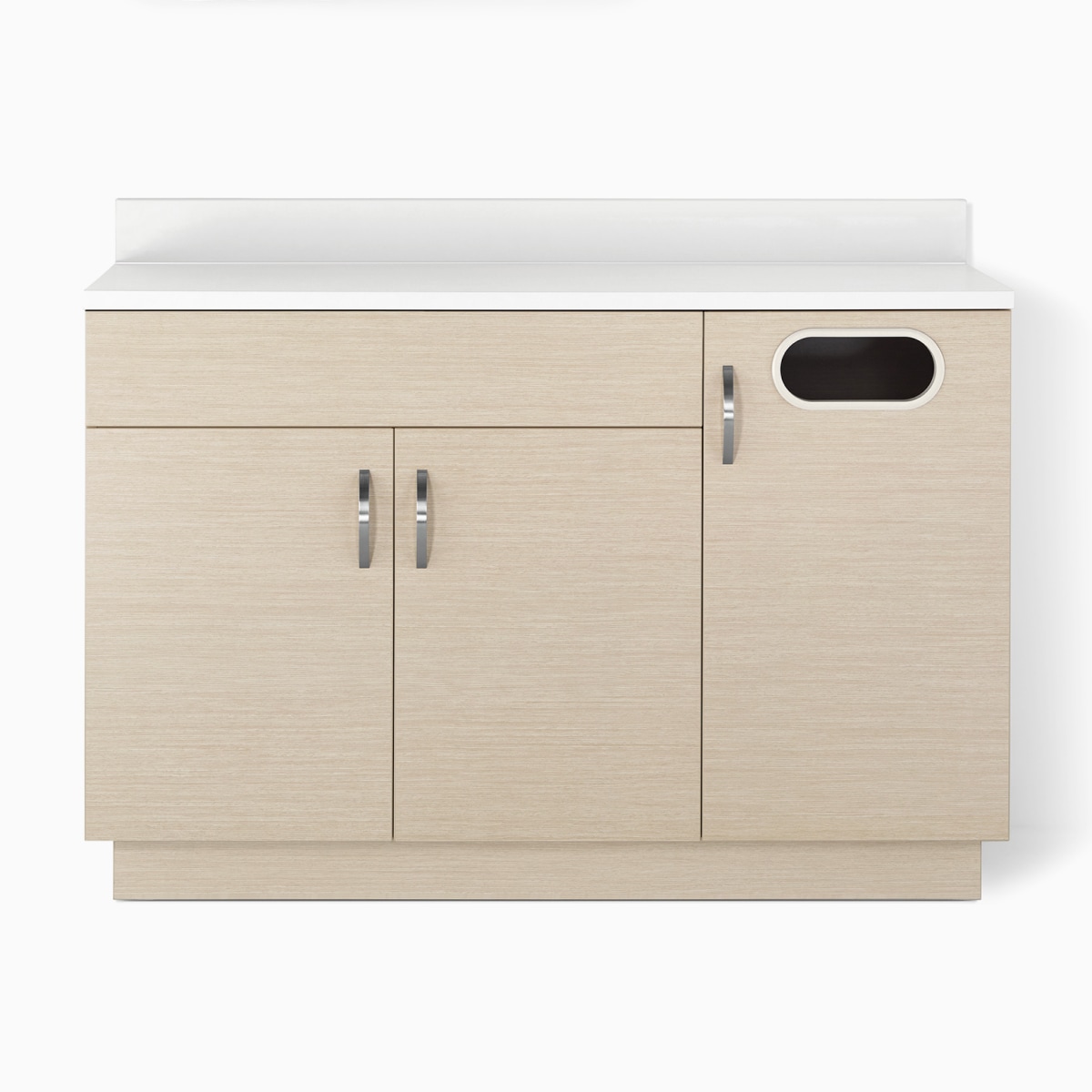 Mora Casework in ash wood finish with lower storage cabinets and a white solid surface top.