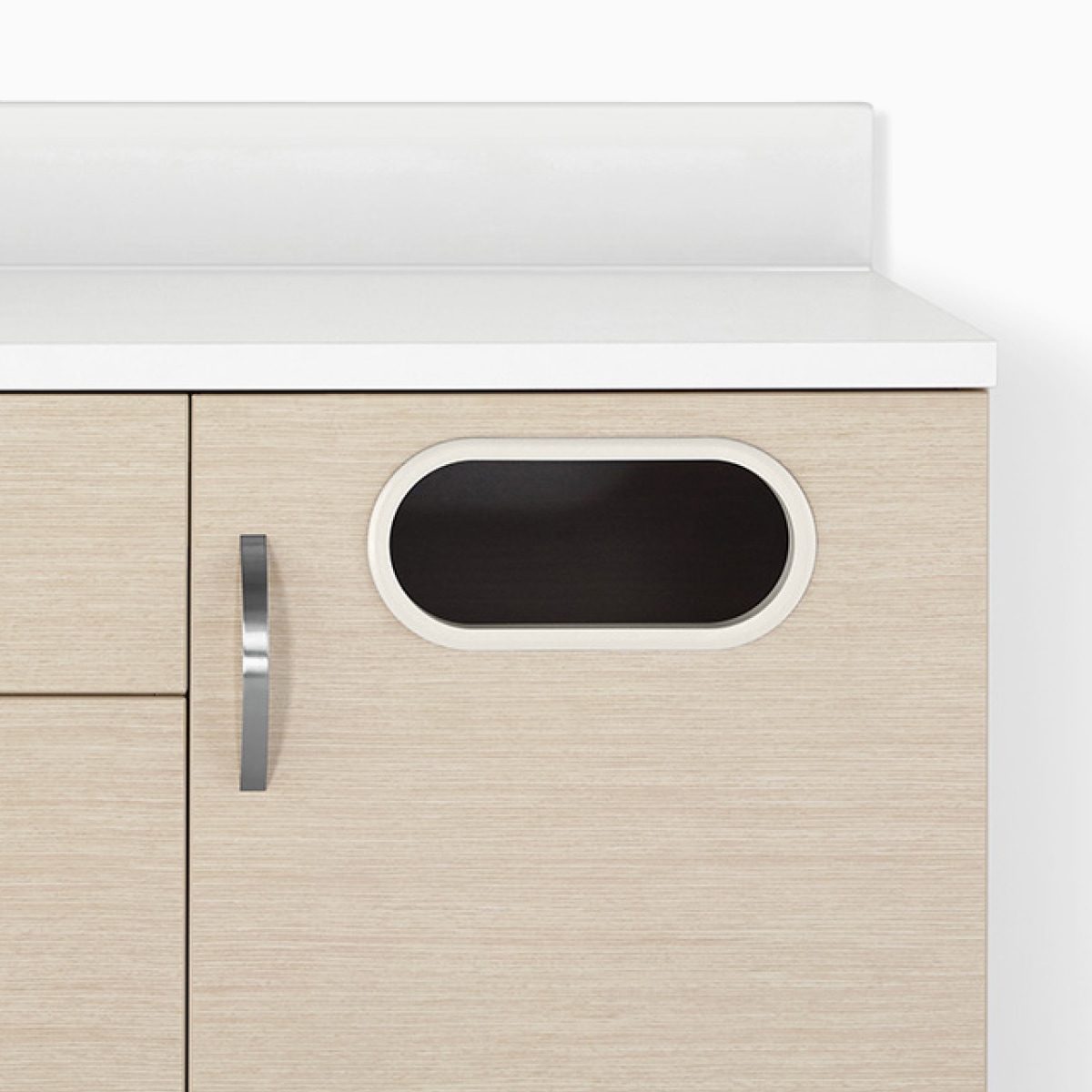 Mora Casework lower cabinet in ash wood finish with white solid surface top.