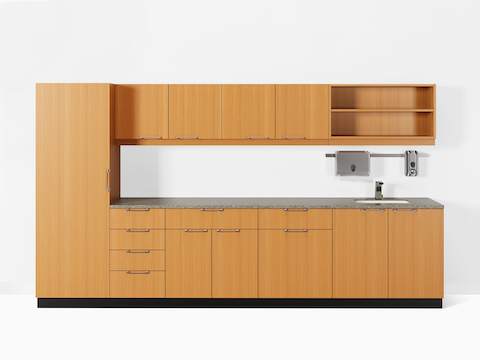 Mora Casework with trash and recycle cabinet and open shelving.