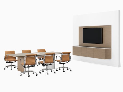 Mora Casework in a conference room paired with Headway Conference Table and Eames Aluminum Group Chairs.