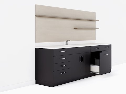 Mora Casework with open shelving, and lower cabinets in dark finish with trash and recycle drawer.
