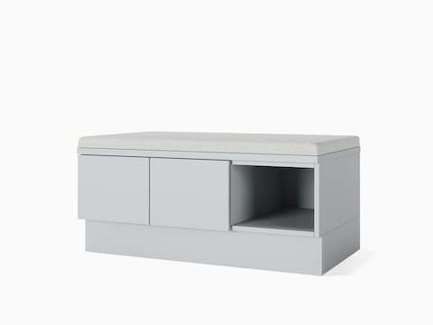 Mora Casework bench in gray with cushion top.