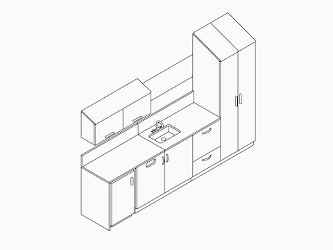 A line drawing of Mora Casework with an integrated sink and upper storage.