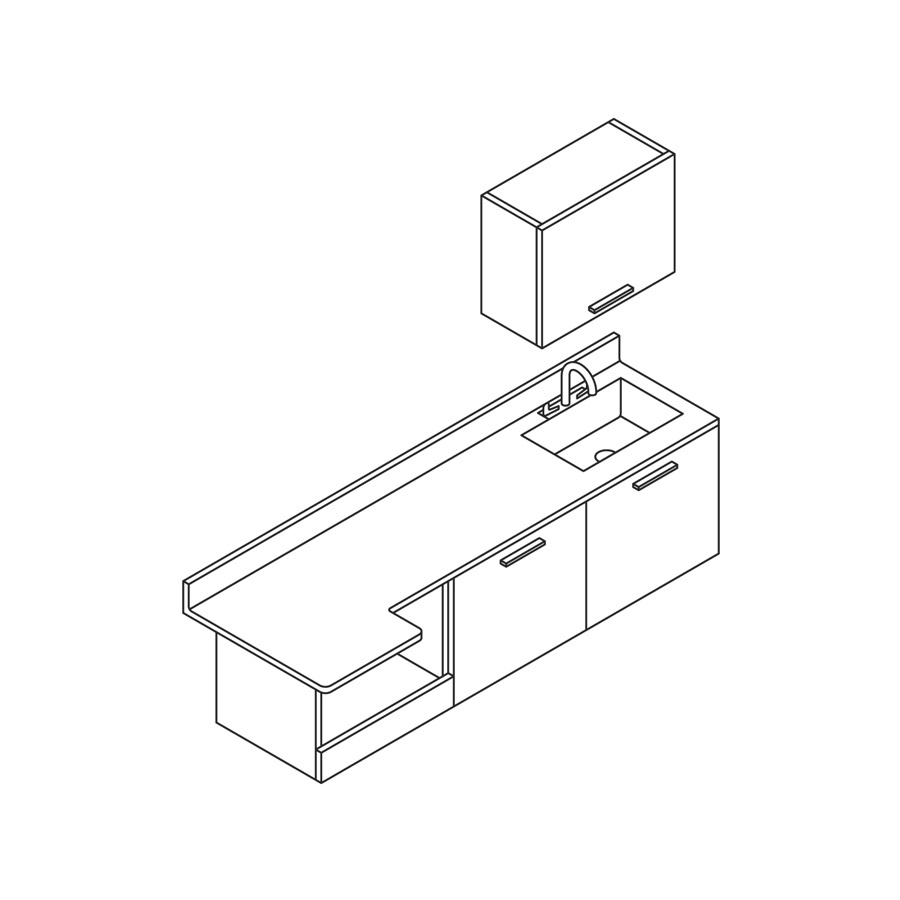 A line drawing of Mora System casework with an integrated sink and upper storage.