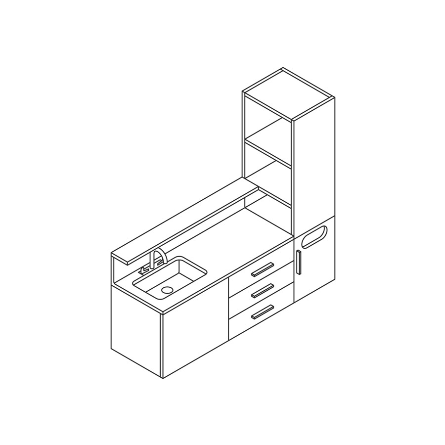 A line drawing of Mora System casework with an integrated sink and a storage tower.