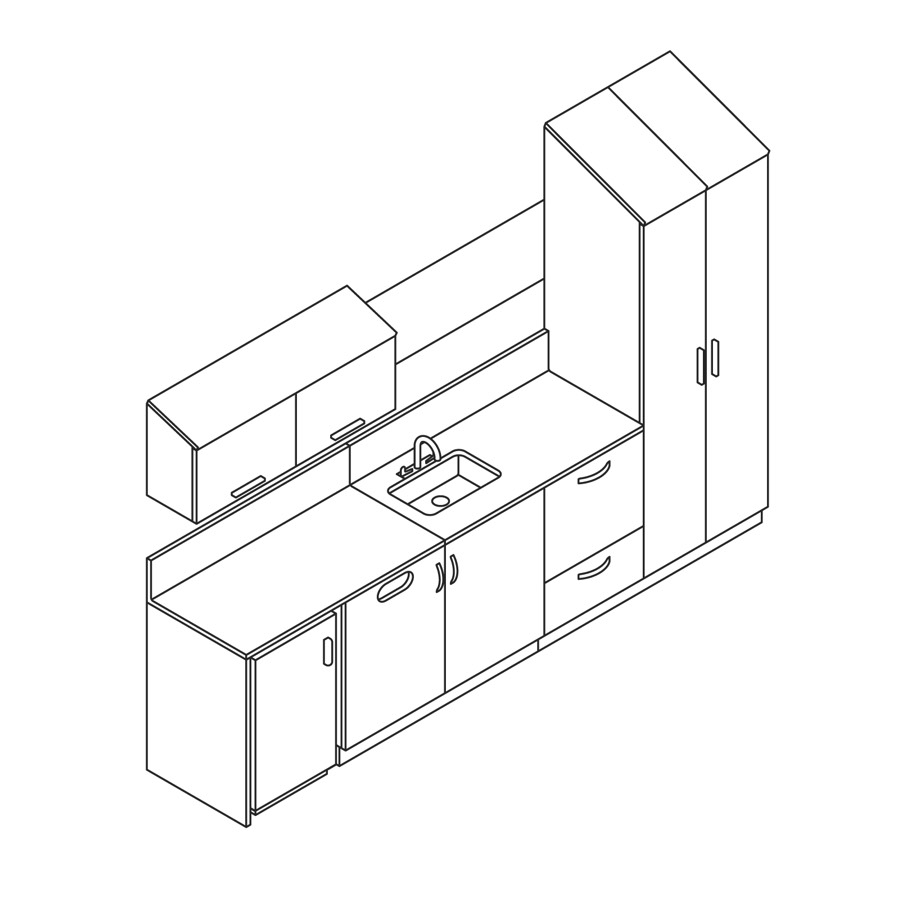 A line drawing of Mora System casework with an integrated sink, upper storage, and a closet.