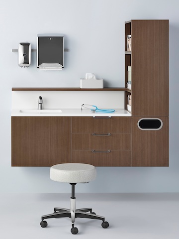 Wall-mounted Mora System clinical casework, showing the precision fit and finish.