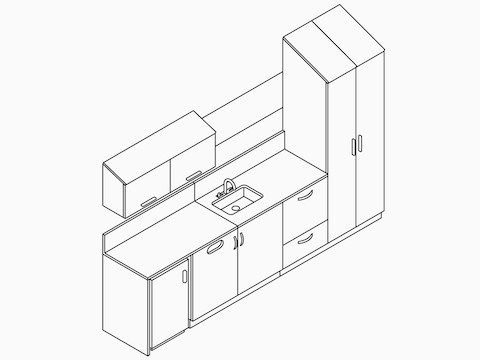 A line drawing of Mora System casework with an integrated sink and upper storage.