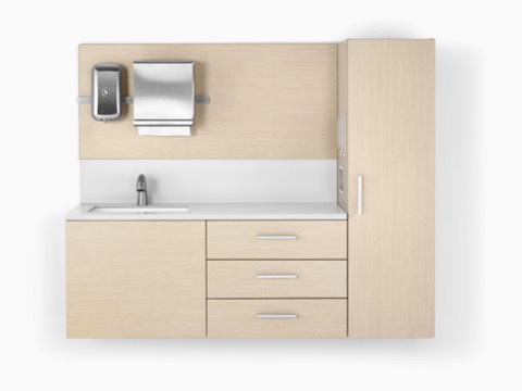 Mora System casework in an ash finish with a white solid surface top and sink. Mora System casework in an ash finish with a white solid surface top and sink.