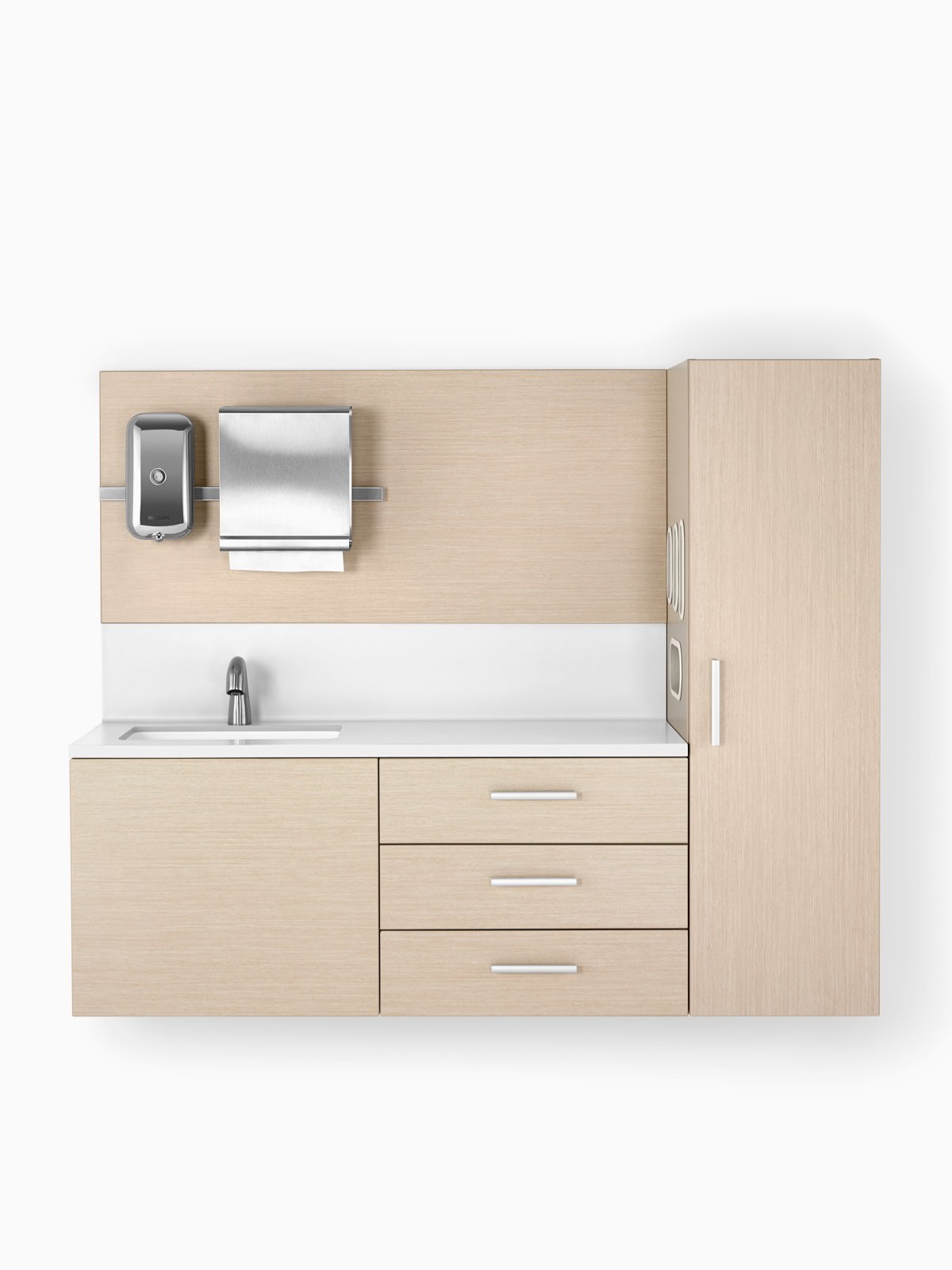 Mora System casework in an ash finish with a white solid surface and integrated sink.