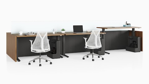 Canvas Channel workstations with dark wood sit-to-stand tables, glass screens, and Sayl Chairs.