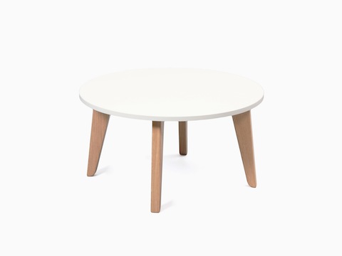 A round white Dalby Coffee Table with an edge banded MFMDF top, viewed at an angle.