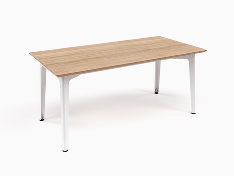 带角度的视图：NaughtOne折叠式吧台桌，配有白色底座和橡木桌面。