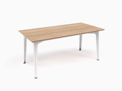 斜上方视图：naughtone折叠式吧台桌，配有白色底座和橡木桌面。