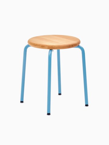 A Penny Stool with a pale blue base and oak seat.