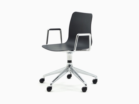 A black NaughtOne Polly Chair with a 5-star chrome base and armrest, viewed at an angle.