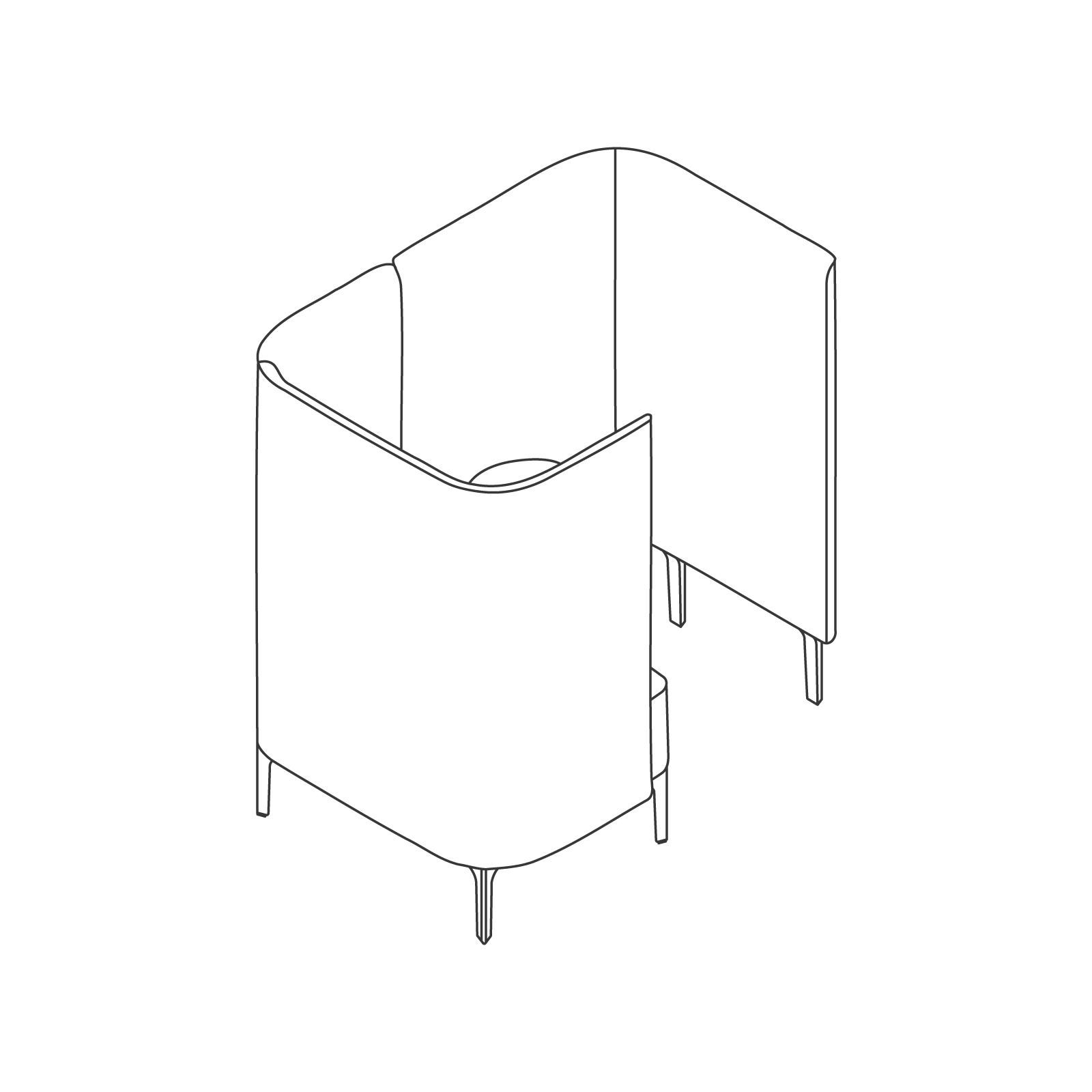 Een lijntekening - Pullman-stoelpod – potenonderstel – scherm en tablet links