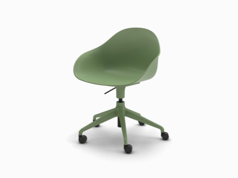 A three-quarter view of a green Ruby Chair on matching 5-star base with casters. A three-quarter view of a green Ruby Chair on matching 5-star base with casters.