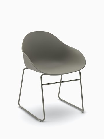Three-quarter view of a grey Ruby Side Chair on matching sled base.