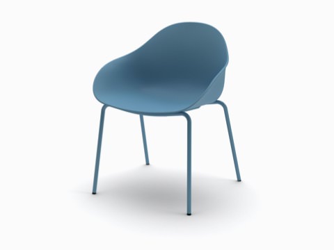 Three-quarter view of a blue Ruby Side Chair shell on matching 4-leg base.