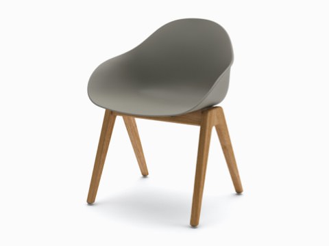 四分之三视图：搭配橡木椅腿的灰色Ruby木制座椅。