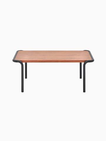 Vorderansicht eines rechteckigen Sweep Tisches mit Walnussplatte und schwarzem Rahmen.