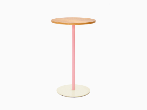 Front view of a round bar height Tier table with Oak veneer top, Light Pink stem and Oyster base. Front view of a round bar height Tier table with Oak veneer top, Light Pink stem and Oyster base.