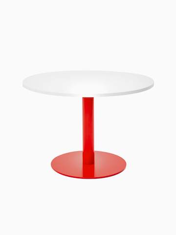 Vista frontal de una mesa redonda Tier con cubierta blanca y pilar y base de color rojo eléctrico.
