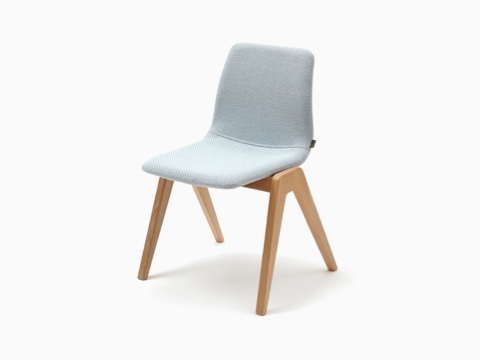 A light blue NaughtOne Viv Wood Chair, viewed at an angle. A light blue NaughtOne Viv Wood Chair, viewed at an angle.