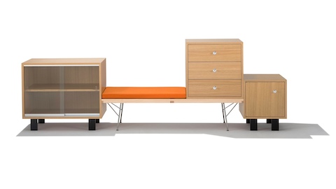 Three Nelson Basic Cabinet Series storage modules of various configurations, shown with a Nelson Platform Bench. Three Nelson Basic Cabinet Series storage modules of various configurations, shown with a Nelson Platform Bench.