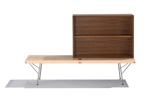 A Nelson Basic Cabinet Series open storage module with shelf sits atop a Nelson Platform Bench. A Nelson Basic Cabinet Series open storage module with shelf sits atop a Nelson Platform Bench.