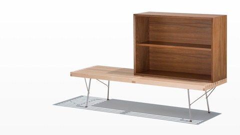 A Nelson Basic Cabinet Series open storage module with shelf sits atop a Nelson Platform Bench. 