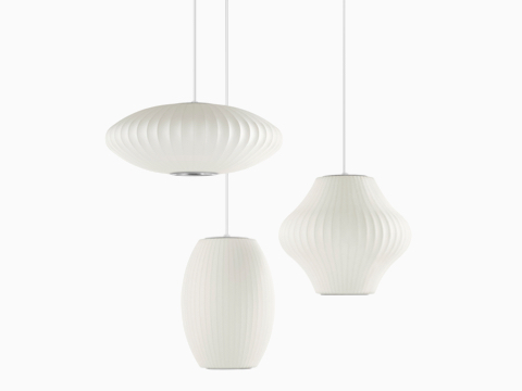 Three white Pendant Nelson Bubble Pendant lights. Three white Pendant Nelson Bubble Pendant lights.