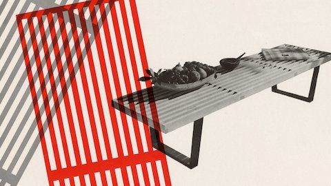 Atrevidos gráficos rojos y grises con la forma de la parte superior de la bench Nelson, ubicados a la izquierda de una imagen de bench Nelson en ángulo, con algunos pequeños objetos decorativos. Atrevidos gráficos rojos y grises con la forma de la parte superior de la bench Nelson, ubicados a la izquierda de una imagen de bench Nelson en ángulo, con algunos pequeños objetos decorativos.