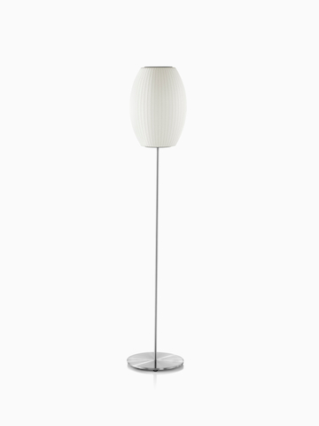 A white Nelson Cigar Lotus Floor Lamp with a small shade and a steel base.