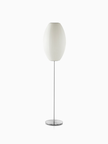 A white Nelson Cigar Lotus Floor Lamp with a medium shade and a steel base.