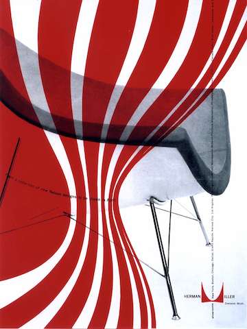 A vintage advertisement for the Nelson Coconut Lounge Chair featuring a black an white image of the chair with an overlay of energetic orange graphics.