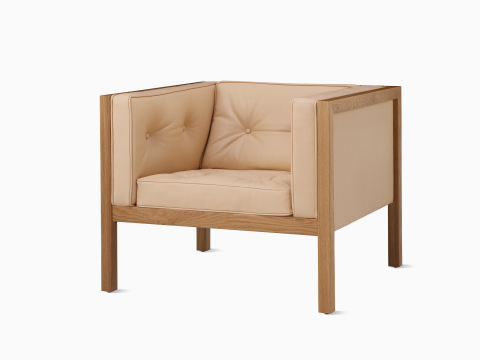 Nelson Cube Armchair in oak and leather.
