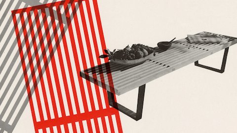 Bold grey and red graphics in the shape of the Nelson Bench top, positioned to the left of an angled Nelson Bench image holding small decorative objects.