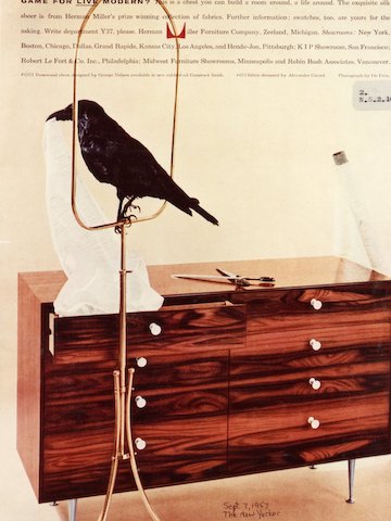 Un anuncio de 1957 de The New Yorker que muestra un cofre del Rosewood Cabinet Series, diseñado por George Nelson.