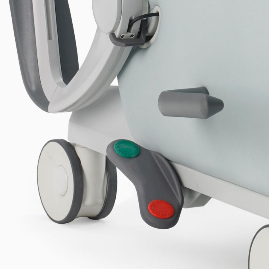 Detail of the central brake and steer controls on Nemschoff Ava Recliner.