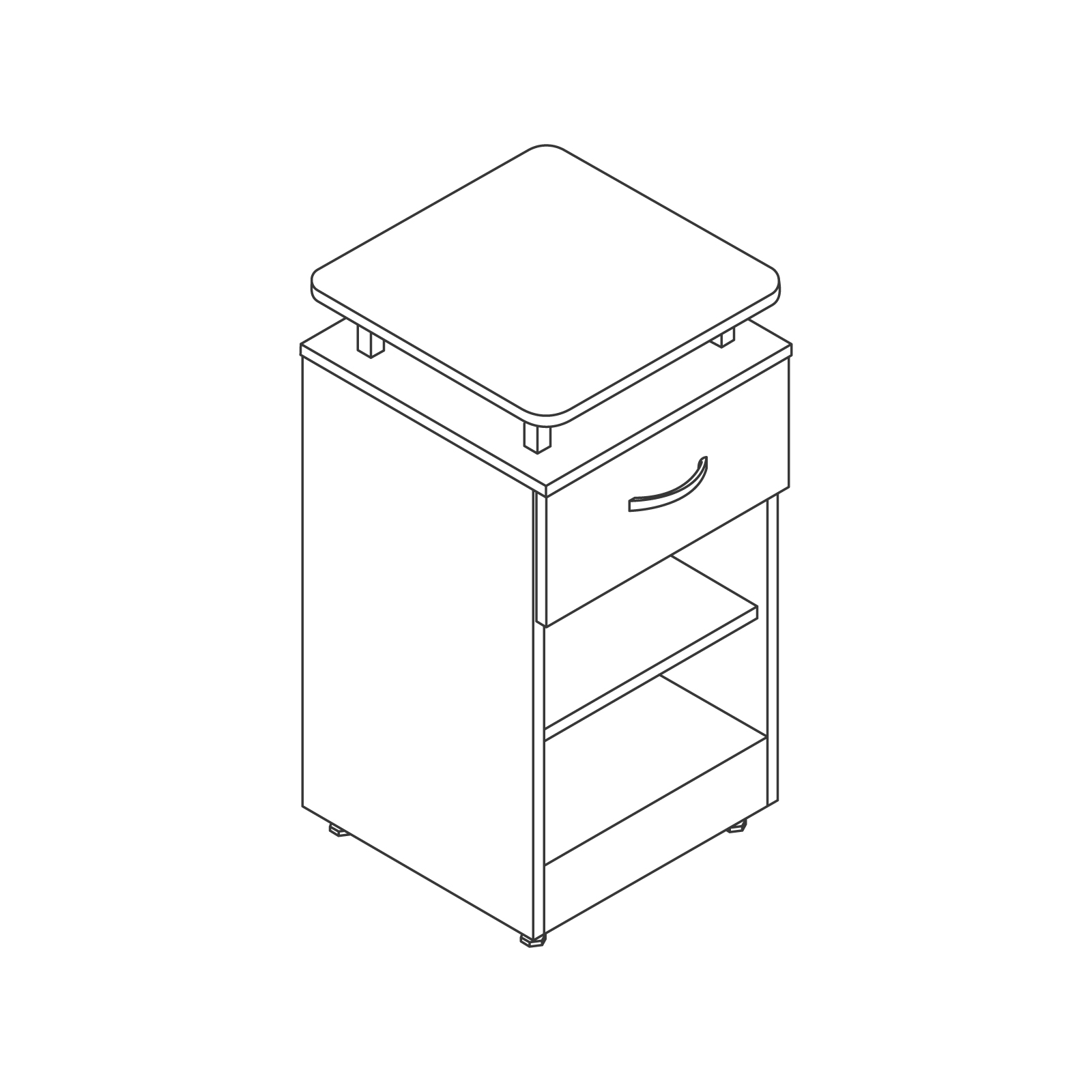 A line drawing - Nemschoff Bedside Cabinet–Raised Top–Adjustable Glides