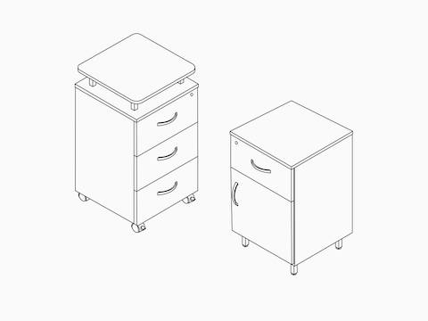 A line drawing of two Nemschoff Bedside Cabinets. A line drawing of two Nemschoff Bedside Cabinets.