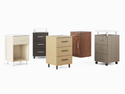 A group of five Nemschoff Bedside Cabinets in a variety of configurations and finishes.