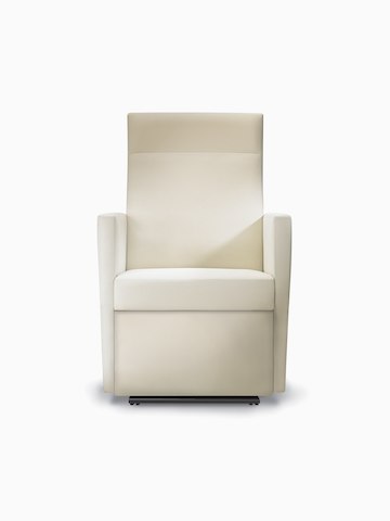 A front view of a Brava Glider with high back in white textile with fully upholstered arms.