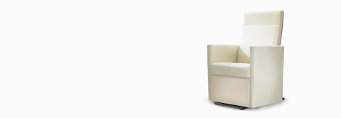A three-quarter view of a Brava Glider with high back in white textile with fully upholstered arms. A three-quarter view of a Brava Glider with high back in white textile with fully upholstered arms.
