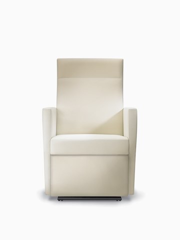 A front view of a Brava Glider with high back in white textile with fully upholstered arms.